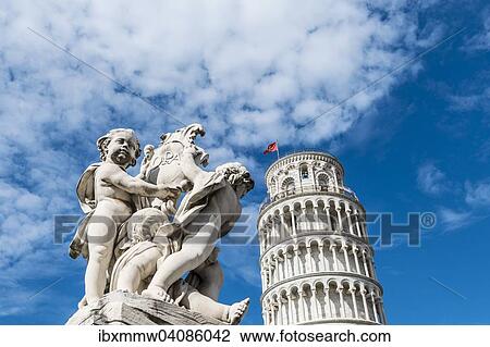Stock Image - Sculpture in front of the Leaning Tower of Pisa, Torre Pendente, Piazza del Duomo or Piazza dei Miracoli, Pisa, Tuscany, Italy, Europe. Fotosearch