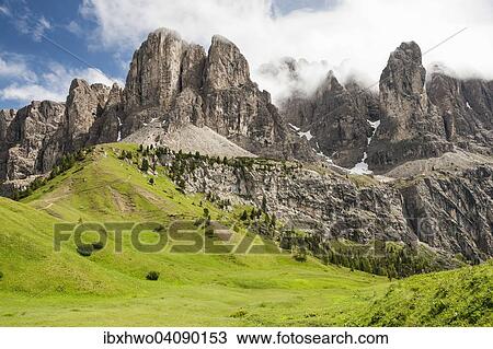 Stock Image - Sella massif, view from Gardena Pass, Passo Gardena, 2121m, Dolomites, Selva di Val Gardena, South Tyrol, Trentino-Alto Adige, Italy, Europe. Fotosearch