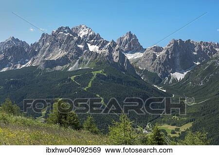 Stock Photo - Sexten Dolomites, view from the hiking mountain Mt Helm, Fischleintal valley, mountain peaks from the left are Pfannspitze, Neunerkofl, Croda Rossa or Rotwand, Elfer, Zwolfer and Einser, South Tyrol, Italy, Europe. Fotosearch