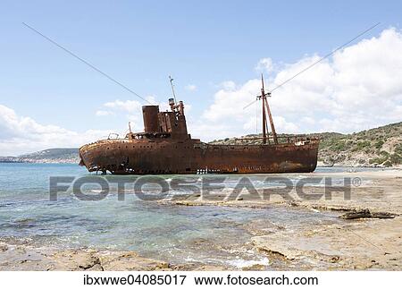 Stock Photo - Shipwreck on the sandy beach, near Gytheio, Peloponnese, Greece, Europe. Fotosearch