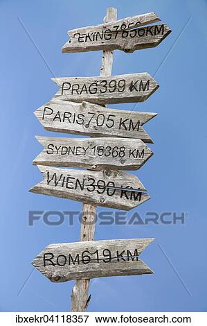 Signs of weathered wood indicating distances to European cities, against blue sky, Stubai Valley, Tyrol, Austria, Europe View Large Photo Image Stock Photo - Signs of weathered wood indicating distances to European cities, against blue sky, Stubai Valley, Tyrol, Austria, Europe. Fotosearch
