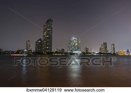 Skyline, River Mae Nam Chao Phraya, at night, Bangkok, Thailand, Asia View Large Photo Image Stock Photo - Skyline, River Mae Nam Chao Phraya, at night, Bangkok, Thailand, Asia. Fotosearch