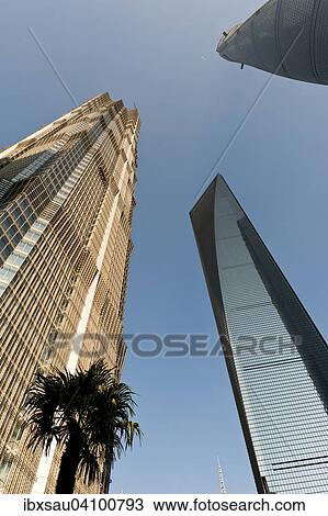 Stock Image - Skyscraper, Jin Mao Tower, Shanghai Tower, SWFC Shanghai World Financial Center, Pudong, Shanghai, China, Asia. Fotosearch
