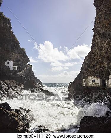 Stock Photo - Smugglers' Cove, Smugglers' Nest, the open sea at the back, near Tijarafe, La Palma, Canary Islands, Spain, Europe. Fotosearch