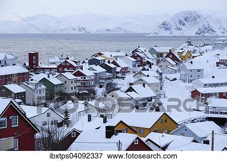 Snow-covered village, the Porsangerfjord at the back, Honningsvag, Mageroya, Nordkapp, Finnmark County, Norway, Europe View Large Photo Image Stock Photo - Snow-covered village, the Porsangerfjord at the back, Honningsvag, Mageroya, Nordkapp, Finnmark County, Norway, Europe. Fotosearch