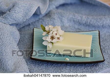 Soap piece with flower in soap dish, terry towel View Large Photo Image Stock Image - Soap piece with flower in soap dish, terry towel. Fotosearch