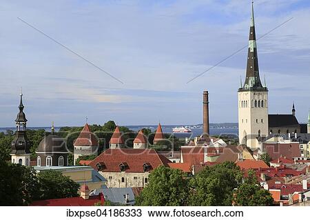 St. Olaf's Church, Oleviste Kirik, towers of the city wall, the Baltic Sea behind, view from Kohtuotsa viewpoint in the Upper Town, Tallinn, Estonia, Europe View Large Photo Image Stock Image - St. Olaf's Church, Oleviste Kirik, towers of the city wall, the Baltic Sea behind, view from Kohtuotsa viewpoint in the Upper Town, Tallinn, Estonia, Europe. Fotosearch