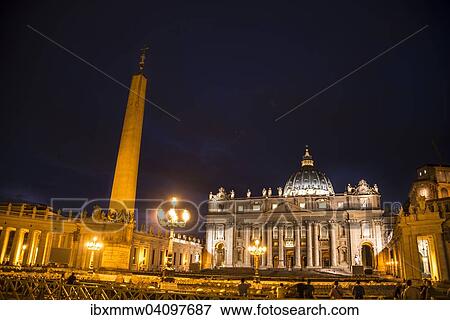 Stock Photo - St. Peter's Square with St. Peter's Basilica and obelisk, at night, Vatican City, Rome, Italy, Europe. Fotosearch