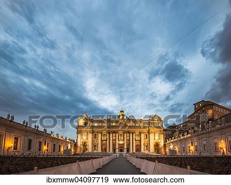 St. Peter's Square with St. Peter's Basilica and chairs for the papal audience, clouds, dusk, Vatican City, Rome, Italy, Europe View Large Photo Image Stock Photo - St. Peter's Square with St. Peter's Basilica and chairs for the papal audience, clouds, dusk, Vatican City, Rome, Italy, Europe. Fotosearch