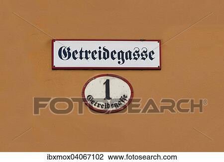 Stock Image - Street sign, Getreidegasse street, historic centre, city of Salzburg, Salzburg State, Austria, Europe. Fotosearch