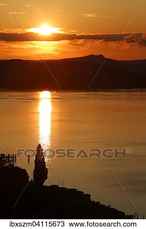 Stock Image - Sunset above Hegau volcano, Lake Constance, Canton of Thurgau, Switzerland, Europe. Fotosearch