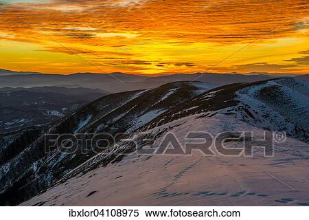 Stock Photography - Sunset on Mount Nerone, Monte Nerone in winter, Apennines, Marche, Italy, Europe. Fotosearch