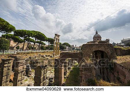 Temple of Castor and Pollux, 484 BC, Corinthian columns, in front of the ruins of the Church Santa Maria Antiqua and the Temple of Augustus, Roman Forum, Rome, Lazio, Italy, Europe View Large Photo Image Stock Photo - Temple of Castor and Pollux, 484 BC, Corinthian columns, in front of the ruins of the Church Santa Maria Antiqua and the Temple of Augustus, Roman Forum, Rome, Lazio, Italy, Europe. Fotosearch
