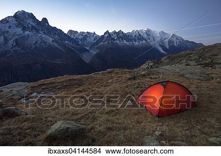 Picture - Tent with view of Mont Blanc, Chamonix, Rhone-Alpes, France, Europe. Fotosearch