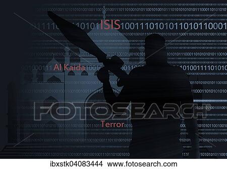 Picture - Terrorist, words ISIS, Al Qaeda, Terror, digital code, illustration. Fotosearch