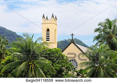 Stock Photo - The church of Saint Roche, Beau Vallon Bay, Mahe, Seychelles, Africa. Fotosearch