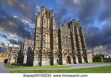 Stock Image - The facade of the medieval Wells Cathedral built in the Early English Gothic style in 1175, Wells, Somerset, England, United Kingdom, Europe. Fotosearch