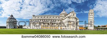 Stock Image - The Leaning Tower of Pisa and Pisa Cathedral, Santa Maria Assunta, with the Baptistery, Battistero, Piazza del Duomo or Piazza dei Miracoli, Pisa, Tuscany, Italy, Europe. Fotosearch