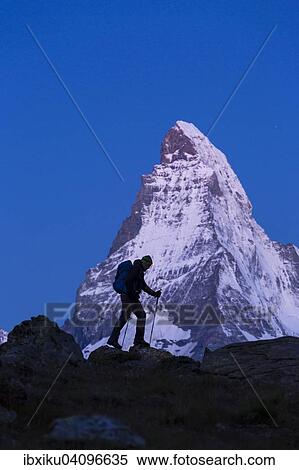 The Matterhorn with a hiker, morning atmosphere, Zermatt, Canton of Valais, Switzerland, Europe View Large Photo Image Stock Photography - The Matterhorn with a hiker, morning atmosphere, Zermatt, Canton of Valais, Switzerland, Europe. Fotosearch