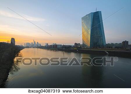Stock Photo - The new headquarters of the European Central Bank, ECB, at sunset, Frankfurt am Main, Hesse, Germany, Europe. Fotosearch