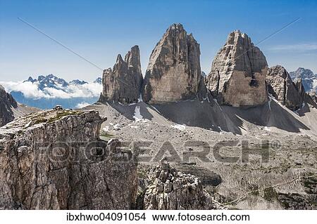 Picture - Three Peaks, northern walls, view from the Toblinger Knoten, Sexten Dolomites, South Tyrol Province of Trentino-Alto Adige, Italy, Europe. Fotosearch