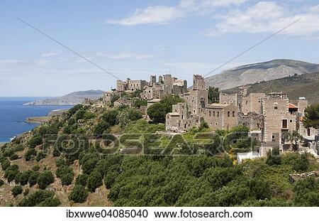 Stock Image - Tower houses, residential towers, Vathia or Vatheia, Mani Peninsula, Peloponnese, Greece, Europe. Fotosearch