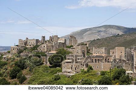 Stock Image - Tower houses, residential towers, Vathia or Vatheia, Mani Peninsula, Peloponnese, Greece, Europe. Fotosearch