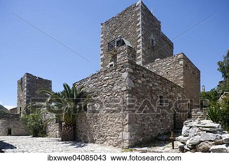Stock Image - Tower houses, residential towers, Vathia or Vatheia, Mani Peninsula, Peloponnese, Greece, Europe. Fotosearch