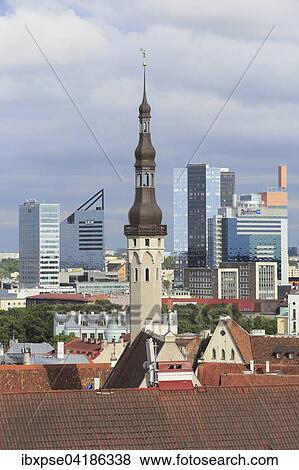 Tower of the city hall and high-rise buildings in the New Town, view from Kohtuotsa viewpoint in the Upper Town, Tallinn, Estonia, Europe View Large Photo Image Stock Photo - Tower of the city hall and high-rise buildings in the New Town, view from Kohtuotsa viewpoint in the Upper Town, Tallinn, Estonia, Europe. Fotosearch