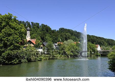 Stock Photograph - Town of Wolfratshausen with the Parish Church of St. Andrew, and the Sebastiani bridge over the Loisach river, Wolfratshausen, Upper Bavaria, Bavaria, Germany, Europe. Fotosearch