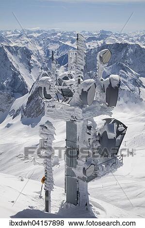 Stock Photo - Transmission tower against the Alps, Zugspitze, Upper Bavaria, Bavaria, Germany, Europe. Fotosearch