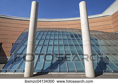 Stock Image - Two columns with the 12th and the 13th article of the Human Rights, in front of the Germanisches Nationalmuseum, Strasse der Menschenrechte, Street of Human Rights, Nuremberg, Middle Franconia, Bavaria, Germany, Europe. Fotosearch