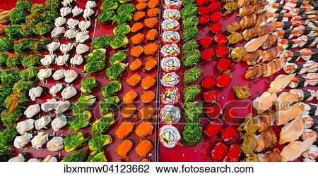 Stock Image - Various colourful sorts of Sushi, Thailand, Asia. Fotosearch