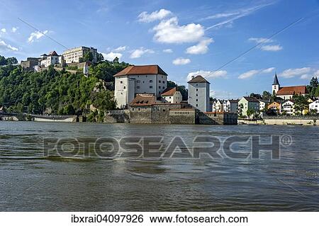 Veste Oberhaus Fortress and Veste Niederhaus Fortress, confluence of the rivers Danube and Ilz, historic centre, Passau, Lower Bavaria, Bavaria, Germany, Europe View Large Photo Image Stock Photograph - Veste Oberhaus Fortress and Veste Niederhaus Fortress, confluence of the rivers Danube and Ilz, historic centre, Passau, Lower Bavaria, Bavaria, Germany, Europe. Fotosearch
