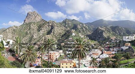 View across Vallehermoso to Roque Cano, Vallehermoso, La Gomera, Canary Islands, Spain, Europe View Large Photo Image Stock Photo - View across Vallehermoso to Roque Cano, Vallehermoso, La Gomera, Canary Islands, Spain, Europe. Fotosearch