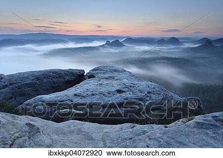 View from Kleiner Winterberg mountain at dawn, Elbe Sandstone Mountains, Saxon Switzerland, Saxony, Germany, Europe View Large Photo Image Stock Image - View from Kleiner Winterberg mountain at dawn, Elbe Sandstone Mountains, Saxon Switzerland, Saxony, Germany, Europe. Fotosearch