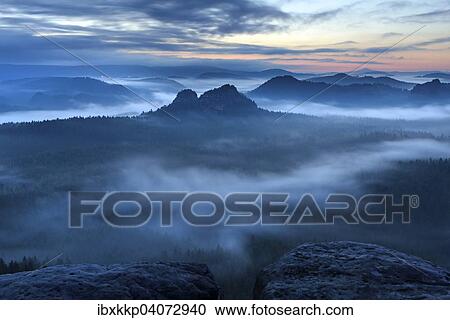 View from Kleiner Winterberg mountain to the Lorenz Stones at dawn, Elbe Sandstone Mountains, Saxon Switzerland, Saxony, Germany, Europe View Large Photo Image Stock Image - View from Kleiner Winterberg mountain to the Lorenz Stones at dawn, Elbe Sandstone Mountains, Saxon Switzerland, Saxony, Germany, Europe. Fotosearch