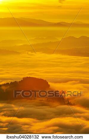Stock Image - View from Mount Rigi over the Swiss Plateau or Central Plateau shrouded in fog, Central Switzerland, Canton of Schwyz, Switzerland, Europe. Fotosearch