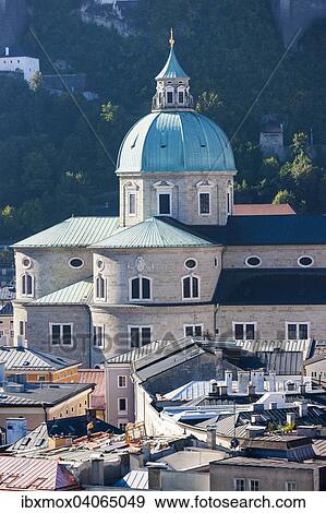 Stock Photo - View from the Kapuzinerberg on the old town with dome of Salzburg Cathedral, Salzburg, Salzburg State, Austria, Europe. Fotosearch