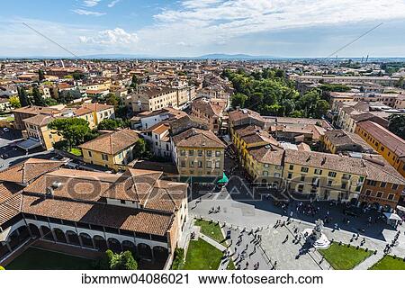 Stock Image - View from the Leaning Tower of Pisa across the town of Pisa, Piazza del Duomo or Piazza dei Miracoli, Pisa, Tuscany, Italy, Europe. Fotosearch