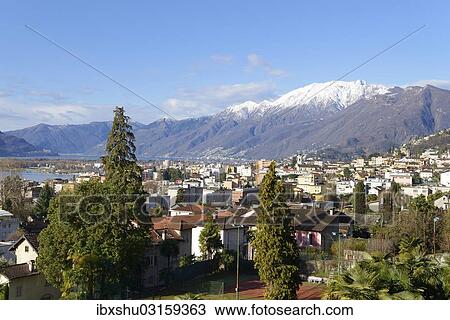 Stock Image - View from the pilgrimage church of Madonna del Sasso onto Locarno, Canton of Ticino, Switzerland, Europe. Fotosearch