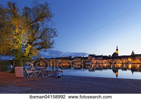 Stock Image - View from the premises of the Gartenschau garden festival across the river Main, Kitzingen, Mainfranken, Lower Franconia, Franconia, Bavaria, Germany, Europe. Fotosearch