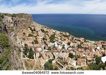 Stock Image - View from the Upper Town, medieval fortified village, Monemvasia, Laconia, Peloponnese, Greece, Europe. Fotosearch