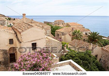 View from the Upper Town, medieval fortified village, Monemvasia, Laconia, Peloponnese, Greece, Europe View Large Photo Image Stock Photo - View from the Upper Town, medieval fortified village, Monemvasia, Laconia, Peloponnese, Greece, Europe. Fotosearch