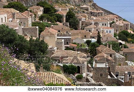 View from the Upper Town, medieval fortified village, Monemvasia, Laconia, Peloponnese, Greece, Europe View Large Photo Image Stock Photograph - View from the Upper Town, medieval fortified village, Monemvasia, Laconia, Peloponnese, Greece, Europe. Fotosearch