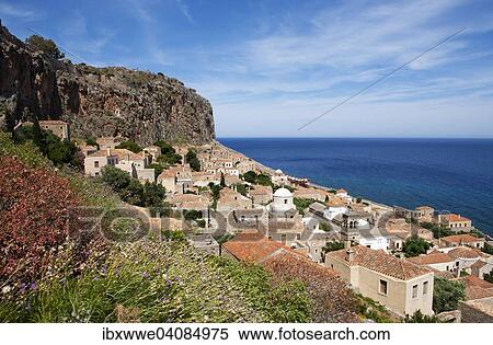 Stock Photography - View from the Upper Town, medieval fortified village, Monemvasia, Laconia, Peloponnese, Greece, Europe. Fotosearch