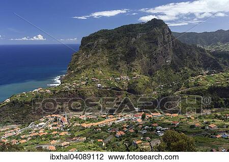 Stock Image - View of Faial and the Penha de Aguia or eagle rock, Madeira, Portugal, Europe. Fotosearch
