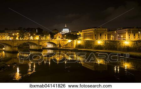 View of Ponte Sant'Angelo across the Tiber to St. Peter's Basilica at night, Rome, Lazio, Italy, Europe View Large Photo Image Stock Photograph - View of Ponte Sant'Angelo across the Tiber to St. Peter's Basilica at night, Rome, Lazio, Italy, Europe. Fotosearch