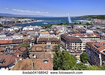 Stock Image - View of the city of Geneva with Lake Geneva and the Jet d'Eau, Canton of Geneva, Switzerland, Europe. Fotosearch