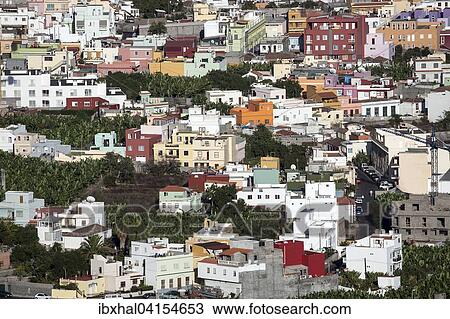 Stock Image - View of the colorful houses of Los Llanos, La Palma, Canary Islands, Spain, Europe. Fotosearch